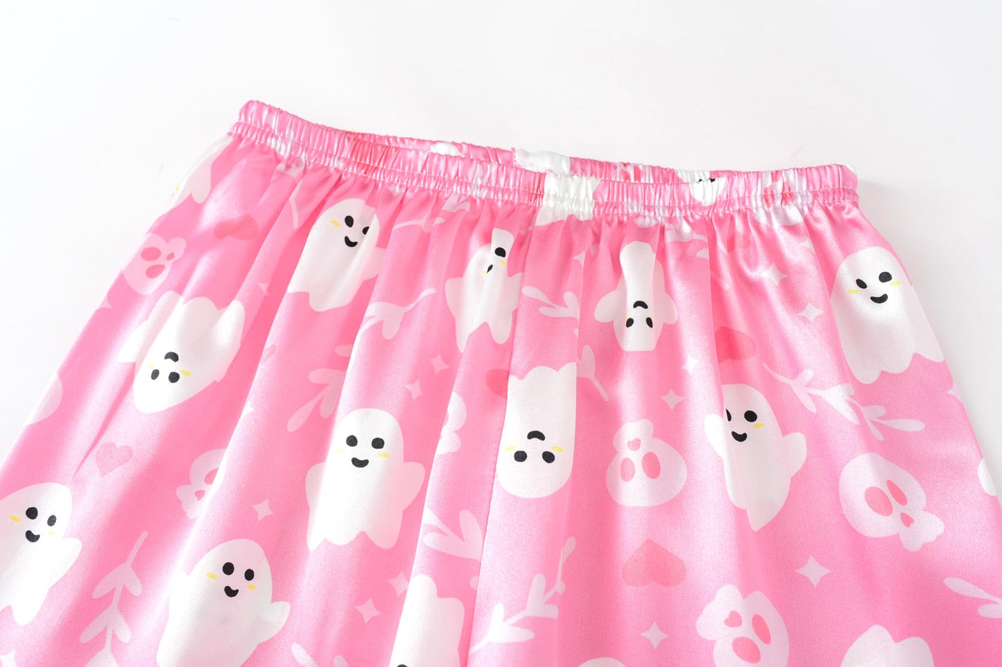 UNICABBIT21 Pink Ghosts Halloween Satin Pajamas for Big Girls Unisex Kids Silk Button Down Long Sleeve & Pants PJS 2PCS Size 10