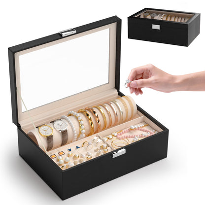 Jolensoy Jewelry Organizer Box with Clear Glass Lid, Bracelet Holder Jewelry Storage Case for Earrings, Rings, Bangles, Watches - PU Leather Jewelry Display Box Gifts for Women Girls, Black