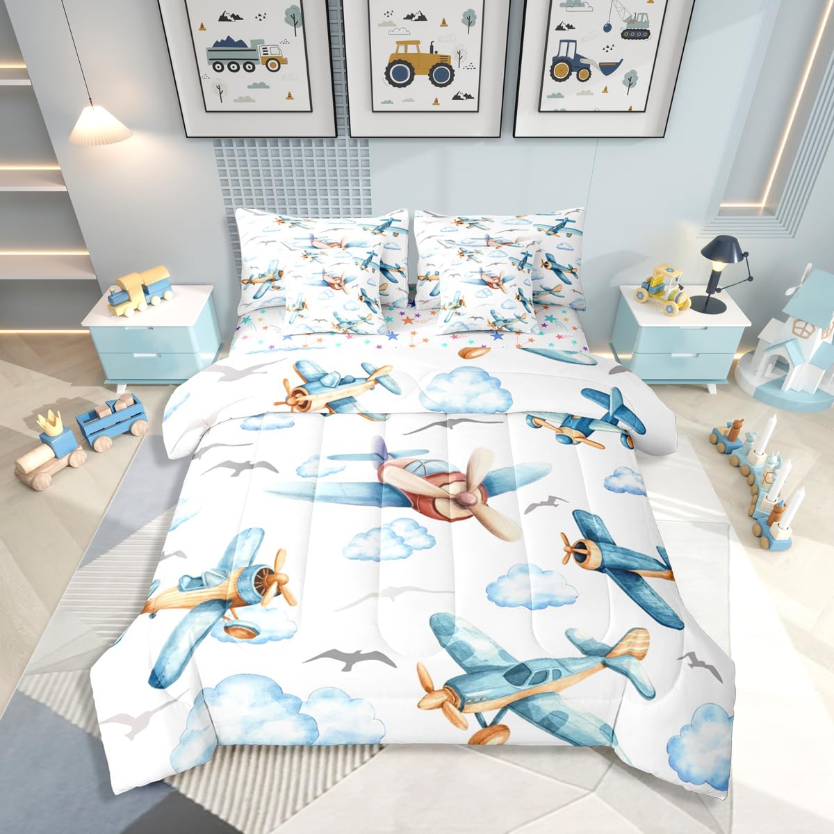 Erosebridal Boys Cartoon Propeller Plane Full 7 Pcs Bedding Set, Aircraft Airplane Comforter Set with Sheets, Blue Clouds Bed in A Bag for Kids Girls Adults Bedroom, Flying Birds Animals Bed Sets