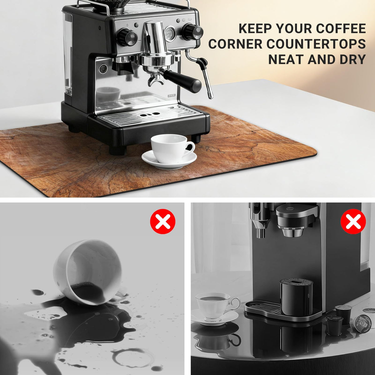 Coffee Mat 24x16 Inch, Wood Grain Coffee Placemat, Absorbent Hide Stain Rubber Backed Dish Drying Mat for Kitchen Counter, Bar Mats for Countertops, Under Coffee Bar Maker Machine Pot Espresso Staion