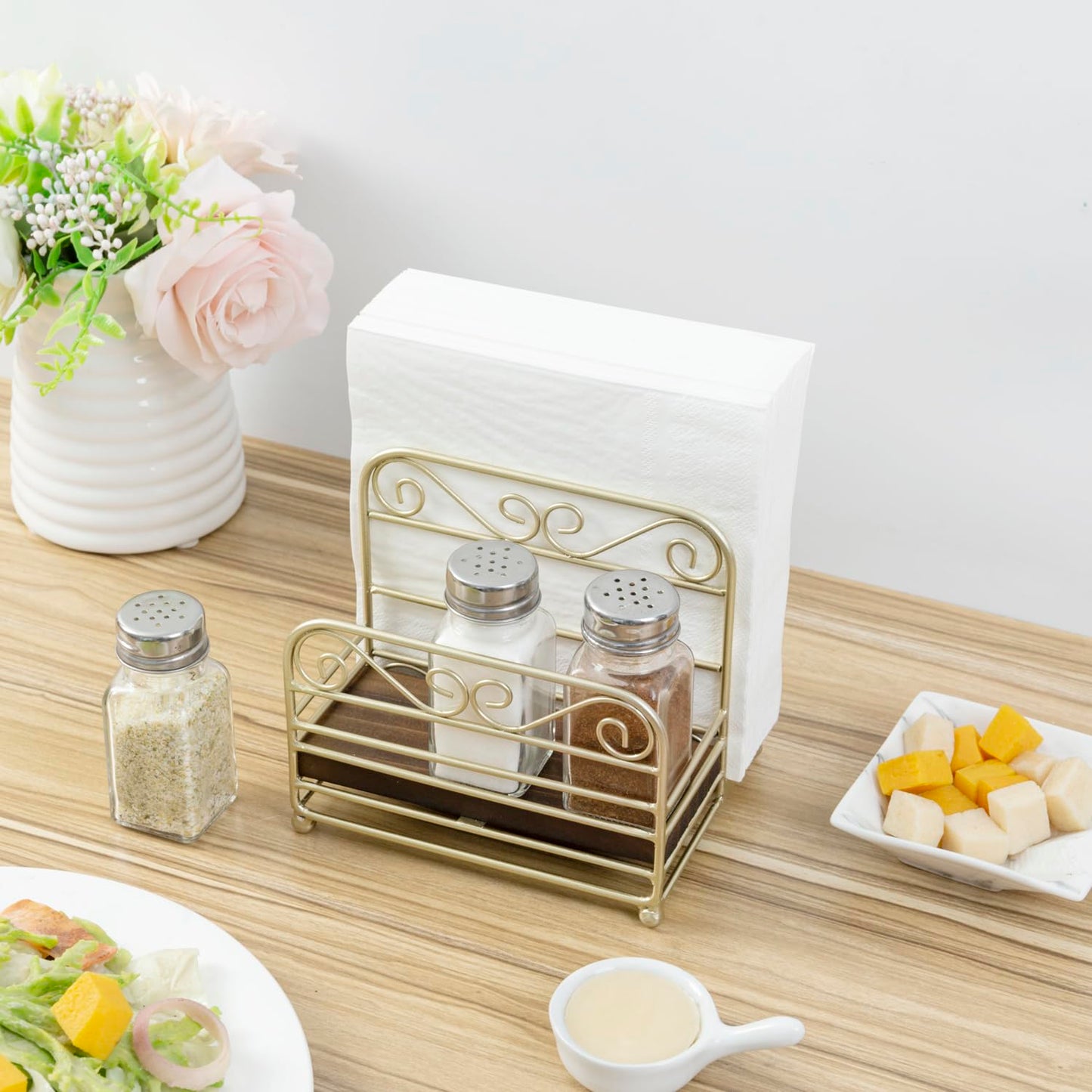 MyGift 2-in-1 Disposable Napkin and Salt & Pepper Caddy, Brass Tone Metal Vintage Scrollwork Dinner Table Paper Towel Condiment Holder with Rustic Burnt Solid Wood Base