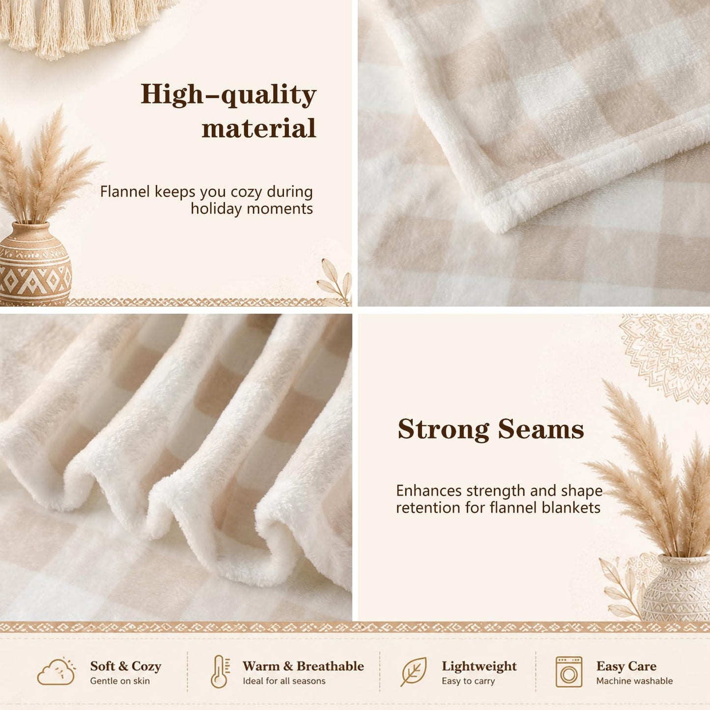 Fanfanwin Beige Gingham Throw Blanket for Couch, 50x60 Inch Checkered Plaid Flannel Blanket for Sofa Bed, Soft Cozy Throw for Farmhouse Boho Neutral Home Decor All Seasons Gift