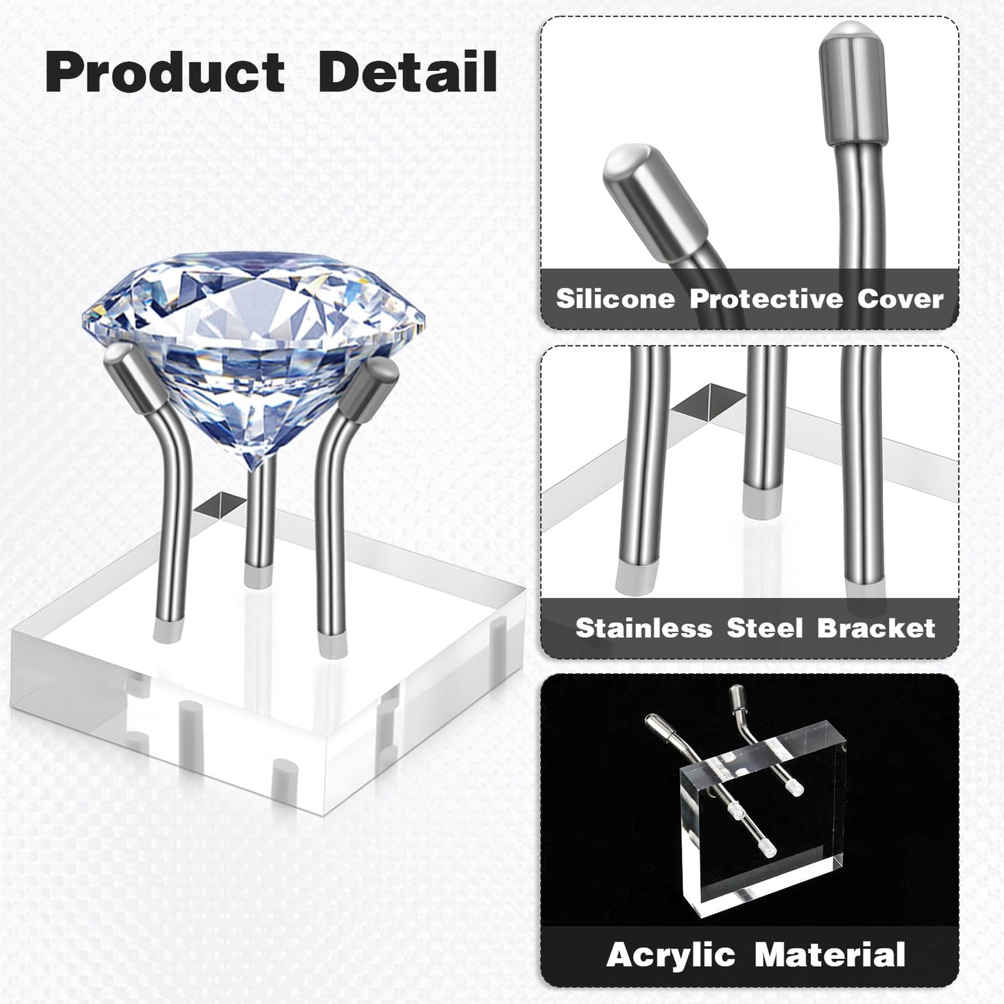 AOZUO 12 Pack Rock Display Stands, Stainless Steel 3 Pegs Rock Display Easel Stands, Clear Acrylic Base Display for Fossil Coral Crystal Geodes Mineral Agate Small Collectibles