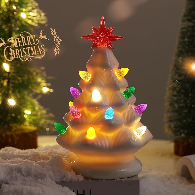 B SEPOR Ceramic Christmas Tree, 7 inch, LED Light Up, White Pre-Lit Tabletop Holiday Decoration