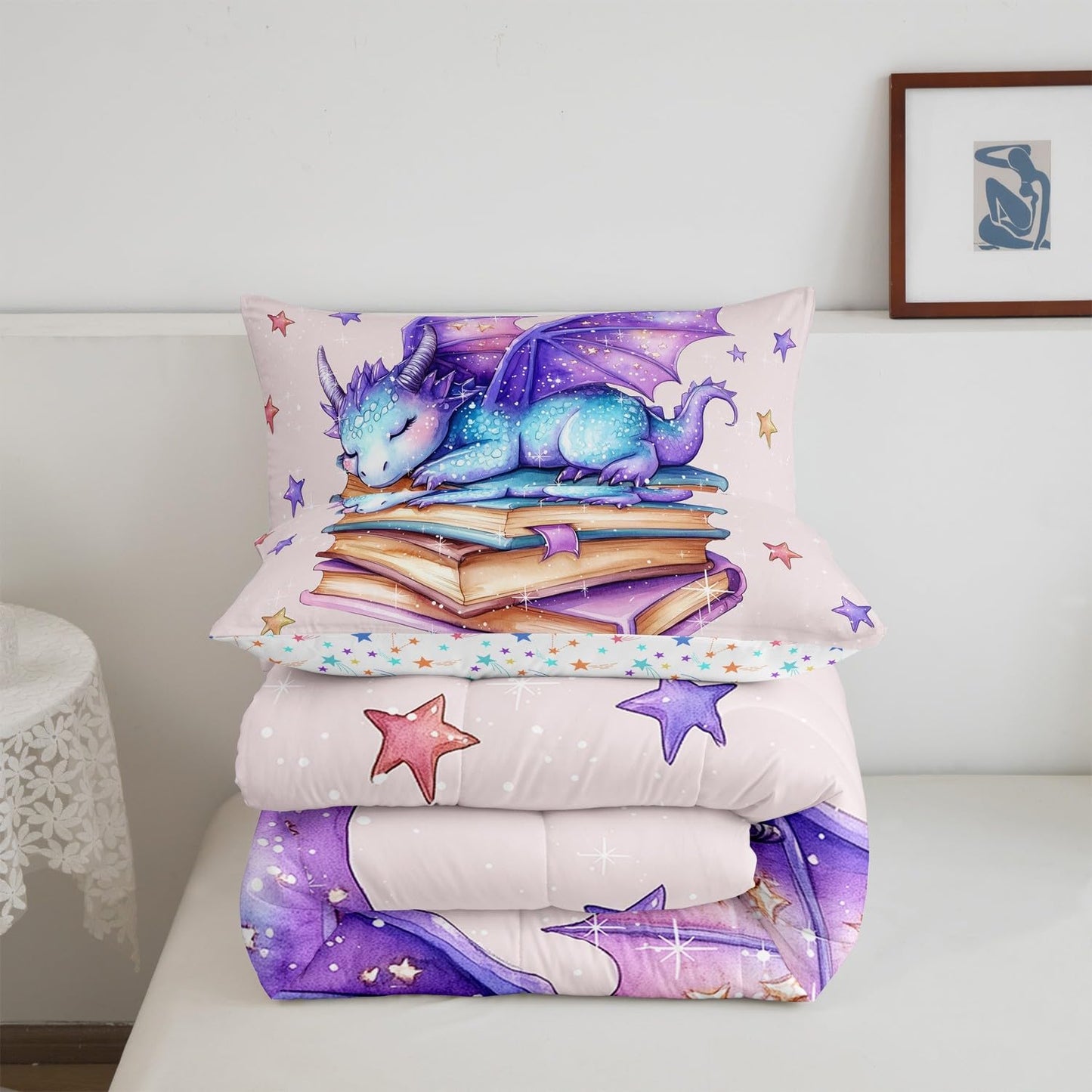 Castle Fairy Blue Purple Dragon Comforter Toddler,Dreamy Cartoon Starry Sky Quilt Comforter with 1 Pillowcase,3D Dragon Wildlife Glittering Stars Pattern Bedding Set Comfortable,Soft and Breathable