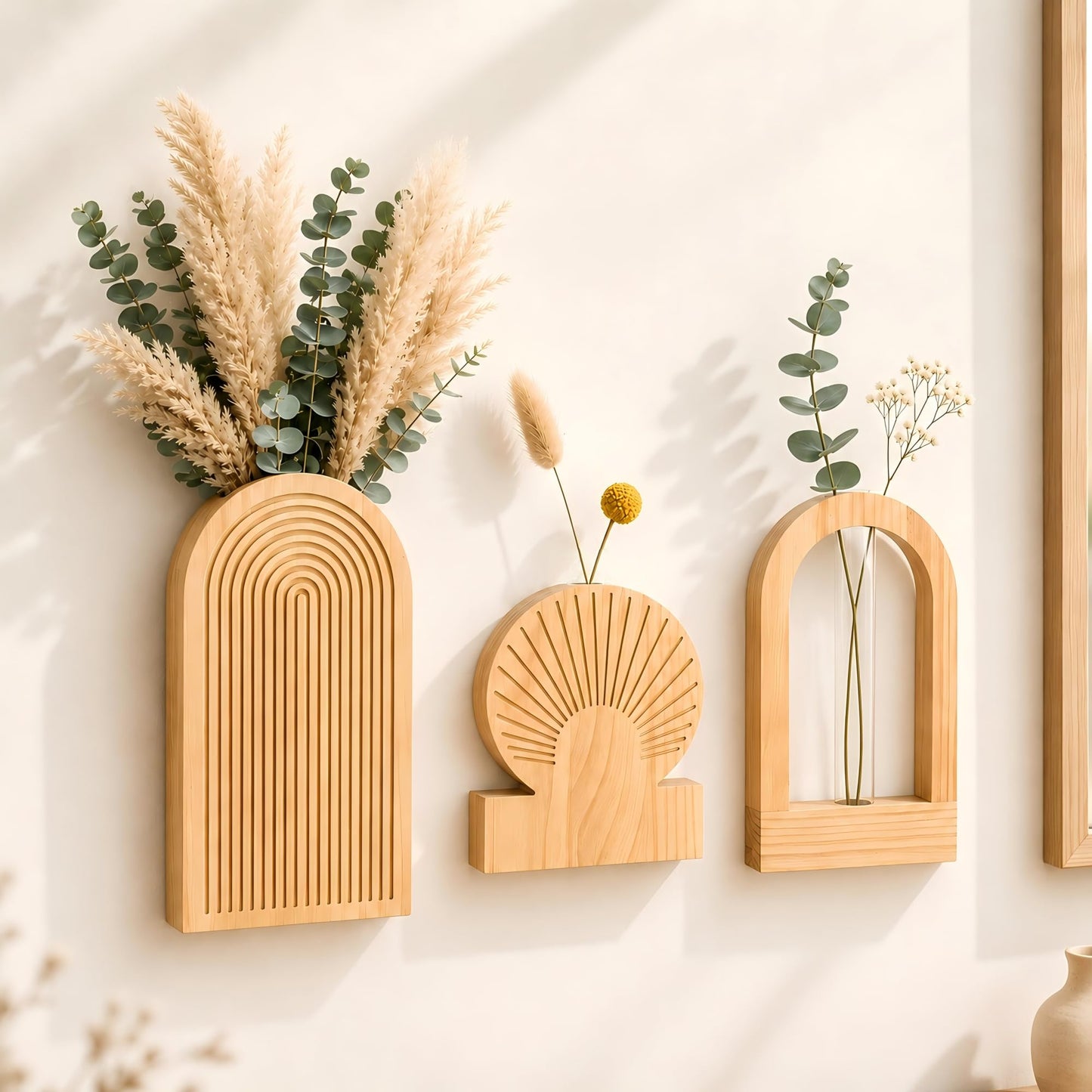 TBWIND Wooden Wall Vases for Flowers Set of 3, Propagation Planter with 2 Glass Tubes, Modern Farmhouse Hanging Wood Decor for Living Room, Entryway (Natural)