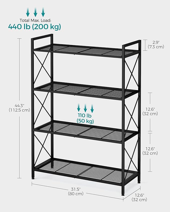 SONGMICS 4-Tier Metal Storage Rack, Shelving Unit with X Side Frames, Dense Mesh, 12.6 x 31.5 x 44.3 Inches, for Entryway, Kitchen, Living Room, Bathroom, Industrial Style, Ink Black UBSC184B01