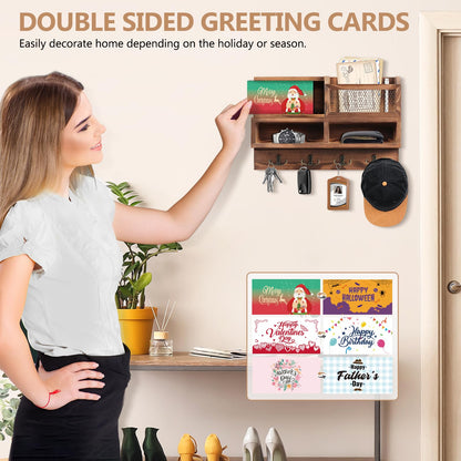 HOMEBROS Key Holder Wall Mount, Wooden Mail and Key Organizer with Chalkboard and Mirror, 3 Greeting Cards, 8 Hooks, Brown, Type 1