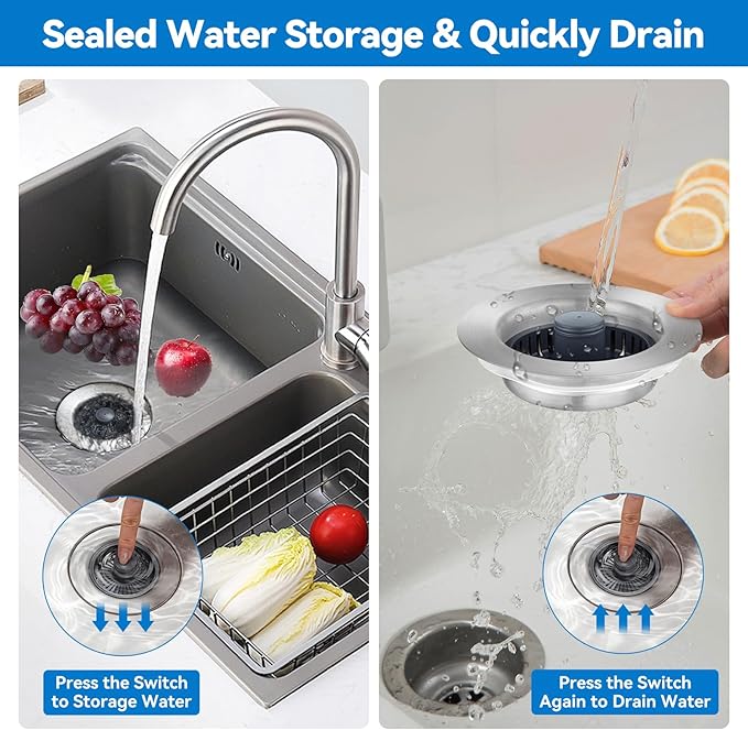 Upgraded 3-in-1 Kitchen Sink Drain Strainer, Stainless Steel Pop Up Kitchen