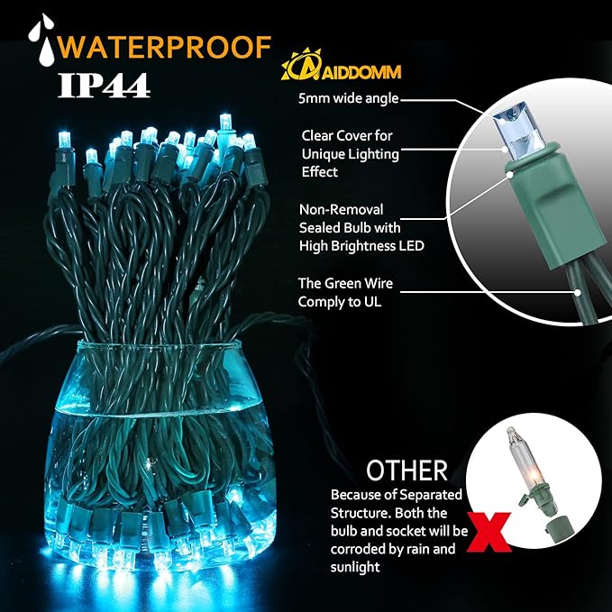 100 Counts Aqua LED Christmas Lights – 50ft 5mm Aqua Christmas Lights Outdoor Commercial Grade Waterproof, Indoor Christmas Tree Decorations, Green Wire Mini Aqua String Lights, UL, IP:65