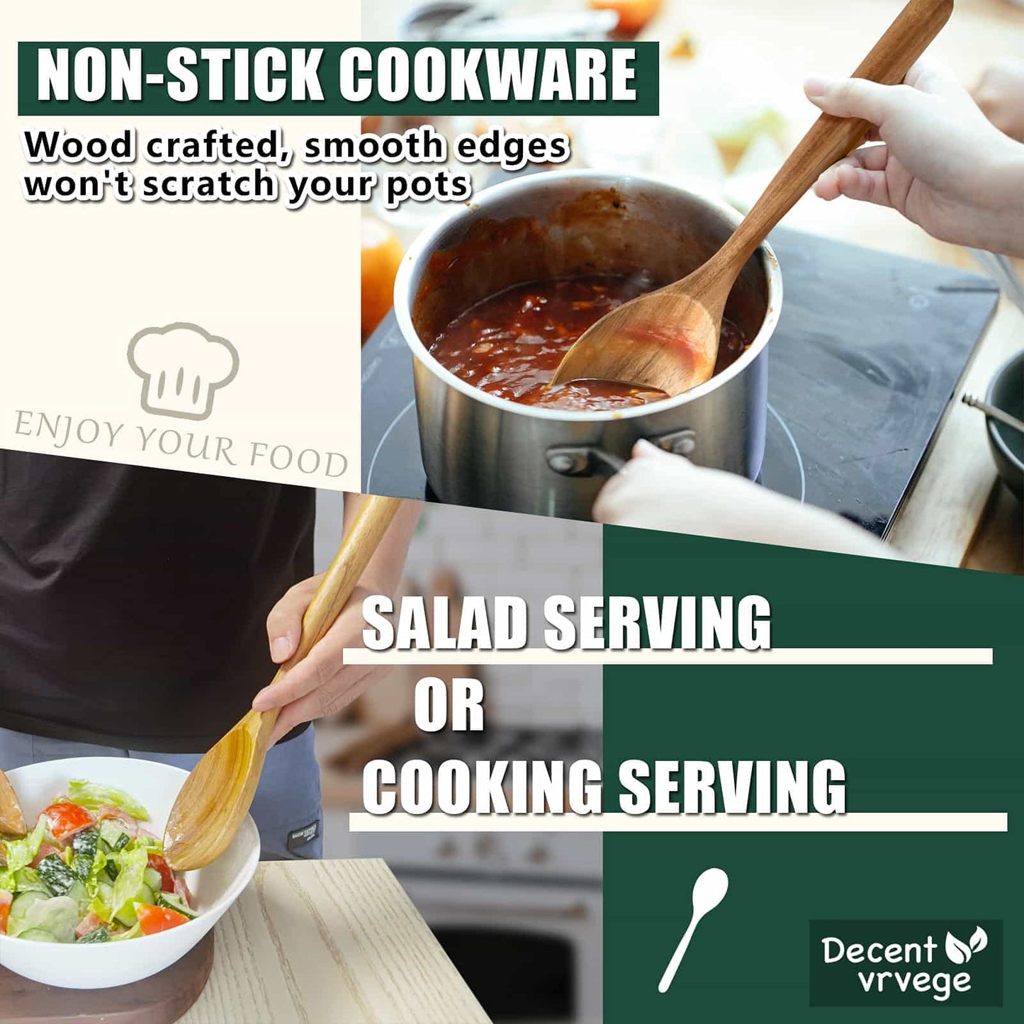 Wooden Spoons for Cooking, Wood Spoon Set of 2, Kitchen Serving Ladle Scoop Utensil, Heat Resistant Nonstick Cookware Server Spoon,Stirring Food, Mixing Salad, Easy to use