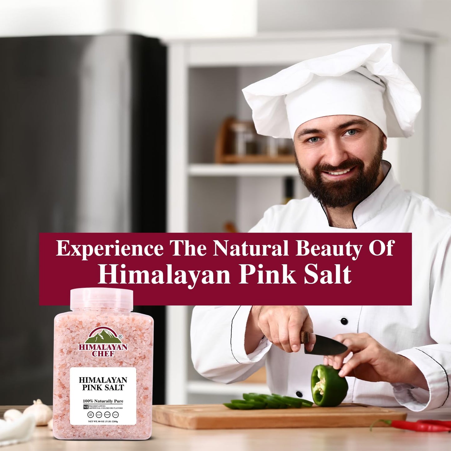 Himalayan Chef Pink Himalayan Salt Coarse Grain, 5 lbs Plastic Jar - Pure, Natural, Kosher, Mineral-Rich, Ideal for Grinder Refills, Cooking, Seasoning