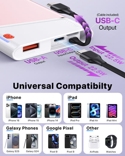 Portable Charger Power Bank, 10000mAh 22.5W PD Super Fast Charging Powerbank with Built-in USB C in&Out Cable, Slim External Phone Battery Pack for iPhone 17/16/15 iPad Samsung S24 Android etc