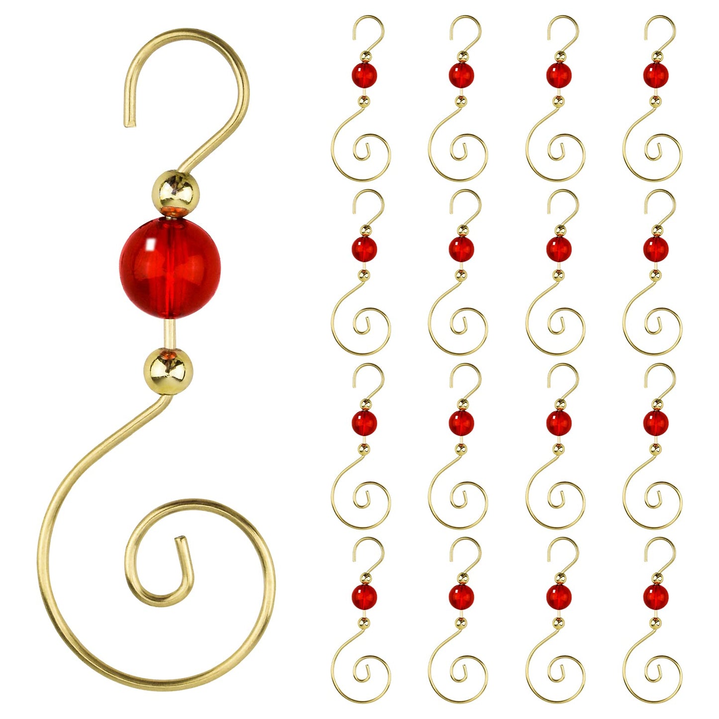 INCREWAY Wire Ornament Hooks, 30 Pcs Gold S-Shaped Christmas Tree Hanger Hooks Metal Decoration Hooks with Red Round Crystal Beads for Party, Home Decor (Gold Hook & Red Bead)