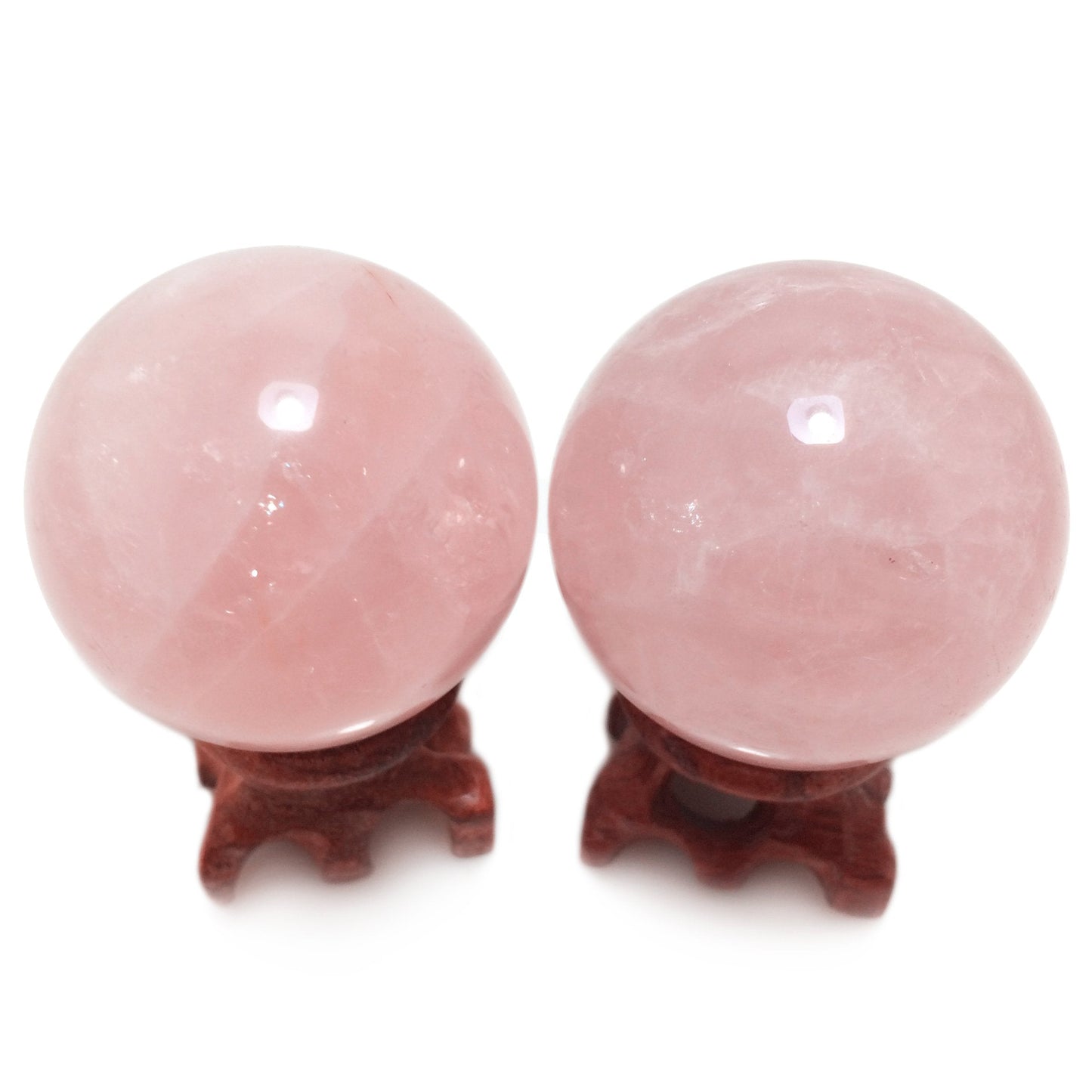 Polar Jade Set of 2 Natural Rose Quartz Crystal Spheres with Wooden Stands, Hand-Polished 45 mm (1.8”) Display Balls for Meditation, Feng Shui & Mindful Décor