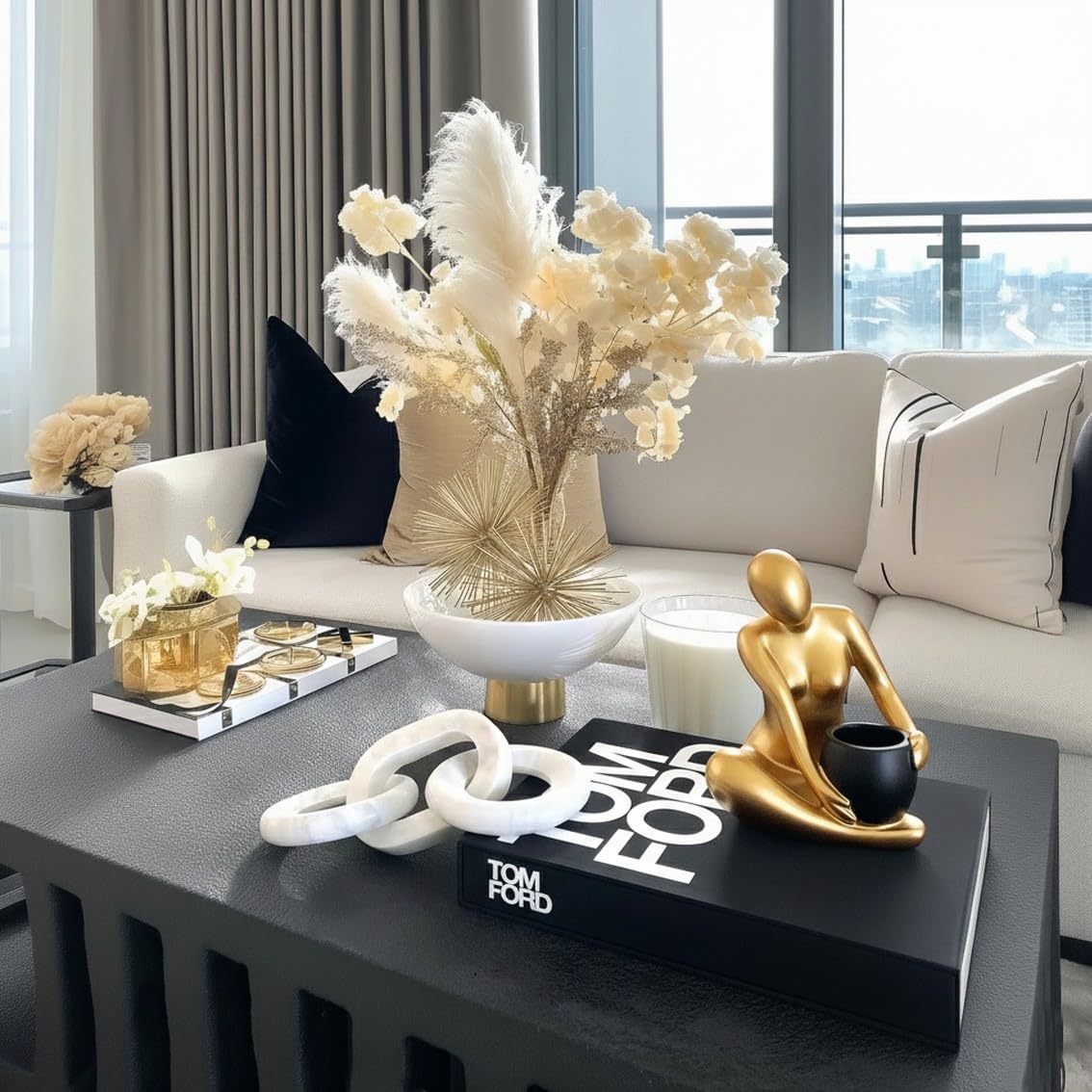 Senea Kay Modern Abstract Statue with Removable Faux Succulents Plants – Resin Figurine Home Decor Accents, Coffee Table Shelf Styling. Collectible Art Luxury Gift Items Woman thinker sculpture (Gold)