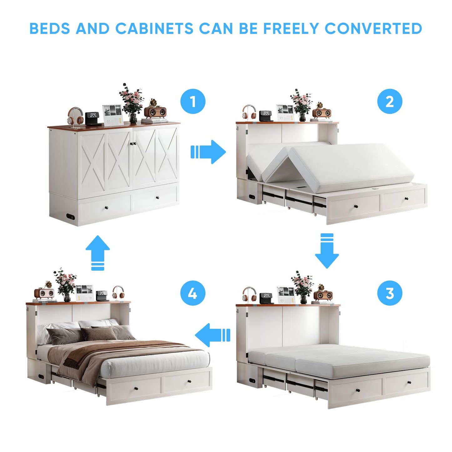 Mjkone Queen Size Murphy Bed, Storage Drawers, Hidden Folding Cabinet Bed with USB Charging Station, Space Saving Wall Chest Beds for Bedroom Living Room, White（No Mattress）