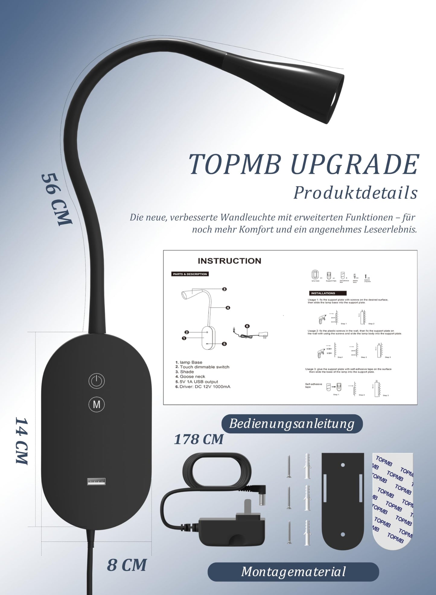 TOPMB Wall Reading Light for Bed – 4 Color Modes, 5‑Level Dimmable Reading Lamp, CRI 95+ Natural Sunlight, USB Output Charge & Auto Memory Black