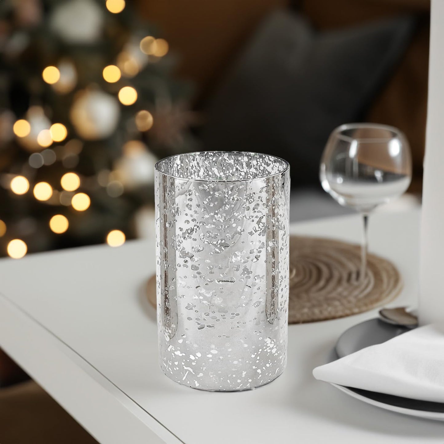WGVI Hurricane Candle Holder Sleeve, W: 4", Ht: 6", Silver Speckled Glass Cylinder Open Both Ends, Chimney Tube Shade, 1 Piece