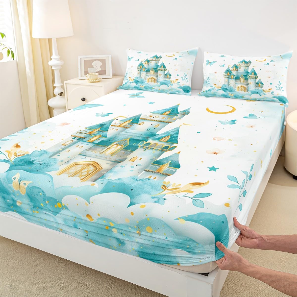 Erosebridal Princess Twin Bedding Set for Girls Kids - Castle Butterfly Fitted Sheet, Girly Coquette Butterflies Bottom Sheets Only | Moon and Stars Aesthetic Bed Set 2 Piece Room Decor