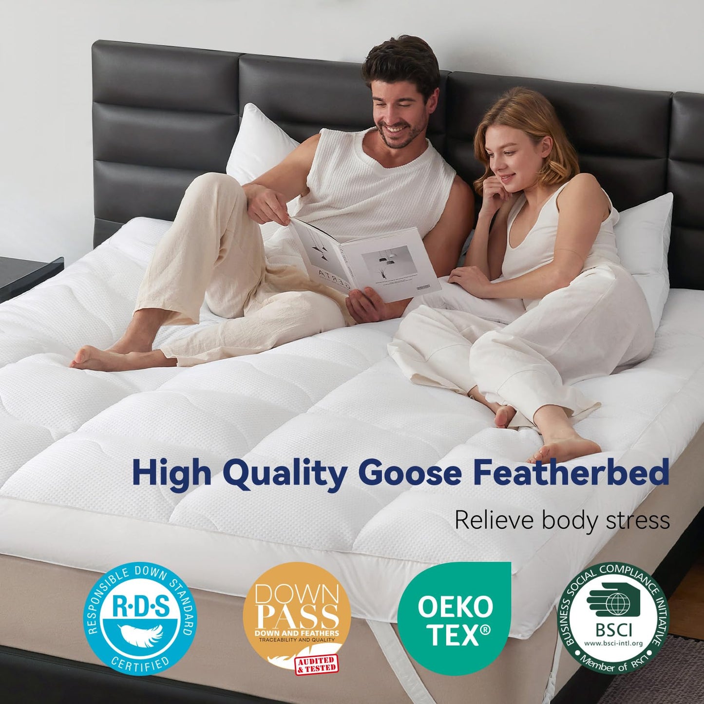 LeWinBedding Dual Layer 5 Inch Goose Feather Mattress Topper Queen Size, 4 Inch Goose Feather Plus 1 Inch Down Alternative Pillow Top, Medium Firm Featherbed with Adjustable Straps(60"x80", Wavy)