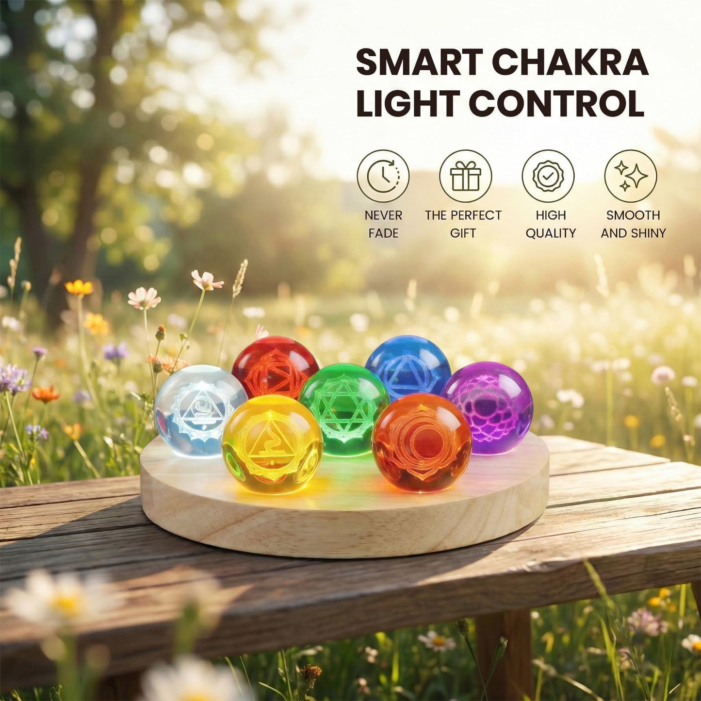 Hivexagon 7 40mm Chakra Crystal Ball Equipped with LED Wooden Base Come with Dimmer and Timer Cable for Meditation, Feng Shui Divination, Night Light Decorative, Gift (16X16X2cm)