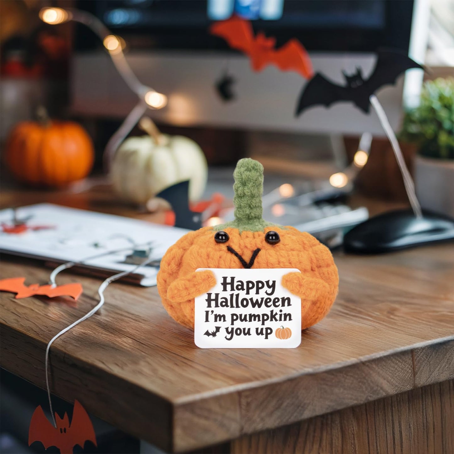 12Pcs Funny Positive Pumpkin Emotional Support Plush, Cute Crochet Toy with Positive Card Cheer Up Dolls Gifts for Halloween Birthday Holiday Party