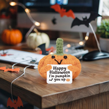 12Pcs Funny Positive Pumpkin Emotional Support Plush, Cute Crochet Toy with Positive Card Cheer Up Dolls Gifts for Halloween Birthday Holiday Party