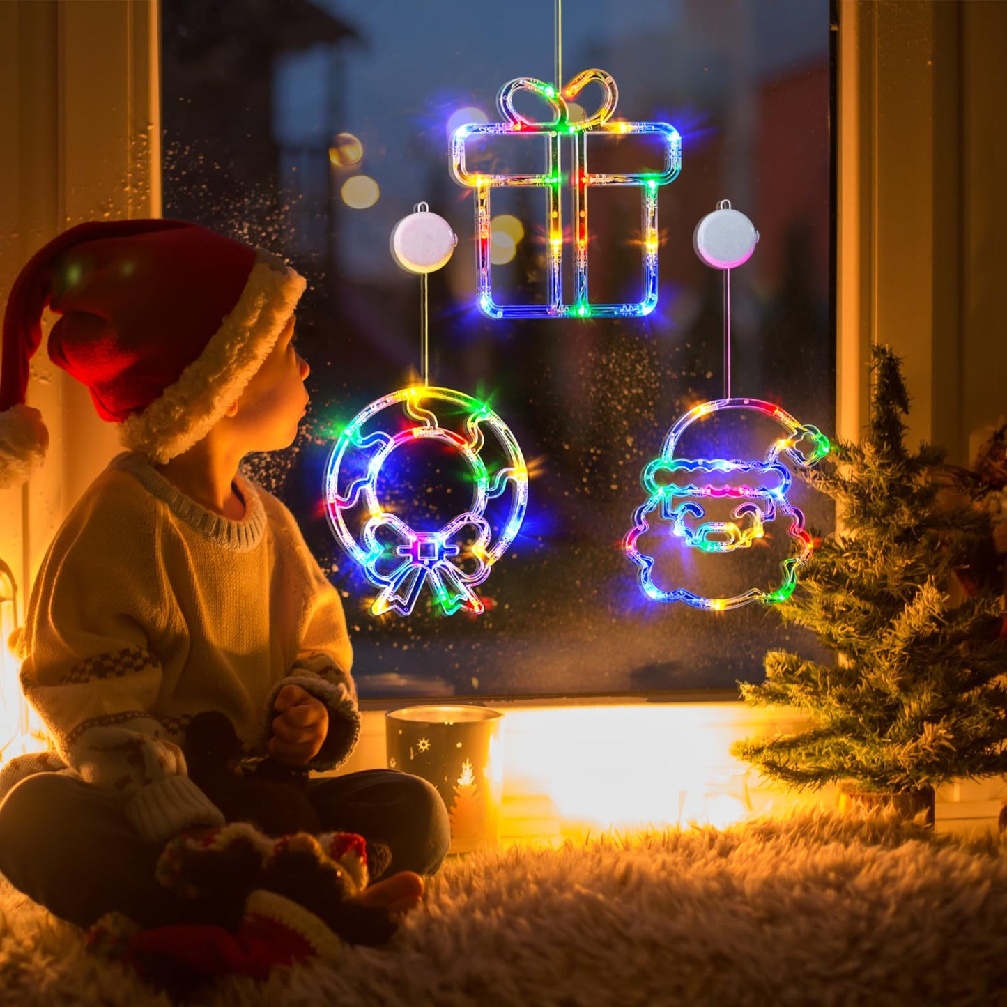 LOLStar Christmas Window Decorations 3 Pack Wreath Gift Box Santa Claus Christmas Window Lights with Suction Cups, Battery Operated Xmas Lights Decors, 2024 Upgrade Slow Fade Mode and Timer Function