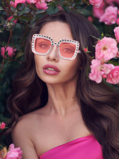 Frienda 2 Pieces Oversize Square Sparkling Sunglasses Retro Thick Frame Sunglasses for Women(Clear Pink, Clear Tawny)