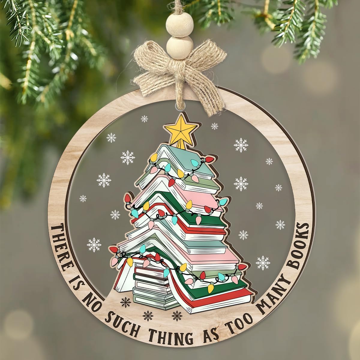 CHOANG Stacked Books Christmas Ornament - Holiday Bookish Gift for Readers, Teachers, Librarians, Bookworms, Bookclub - Wooden Acrylic Book Lover Hanging Decor Tree, Bookshelf, Car Accessory
