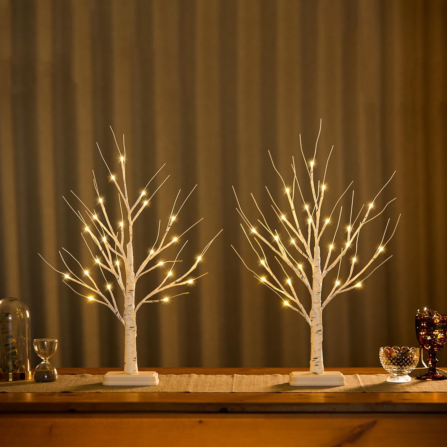 HOLILLUMA Lighted Birch Tree Christmas Decorations, 2Pack 2FT USB Rechargeable Tabletop Tree with LED Lights, Pre-Lit Artificial Mini Money Trees for Home Centerpiece Fireplace Party Decor(Timer)