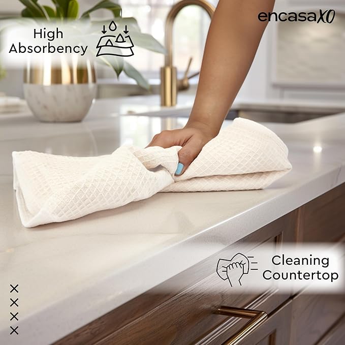 Encasa XO Kitchen Dish Towels Set | Solid Off White | Waffle Weave and Flat