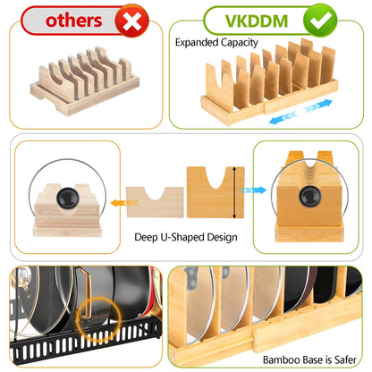 VKDDM Pots and Pans Organizer for Under Cabinet - Expandable Bamboo Pot Lid Organizer, Pan Organizers inside Cabinet, Drawer Pot Lid Holder Rack for Kitchen Organization and Storage