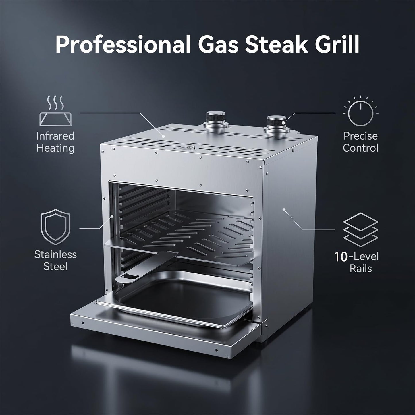 XHINBWYEK Steak Broiler Portable Infrared Broiler Propane Gas Grill Infrared Burner, Maximum 1600°F/870℃, Sear Station steak cooker grill outdoor BBQ, Stainless Steel