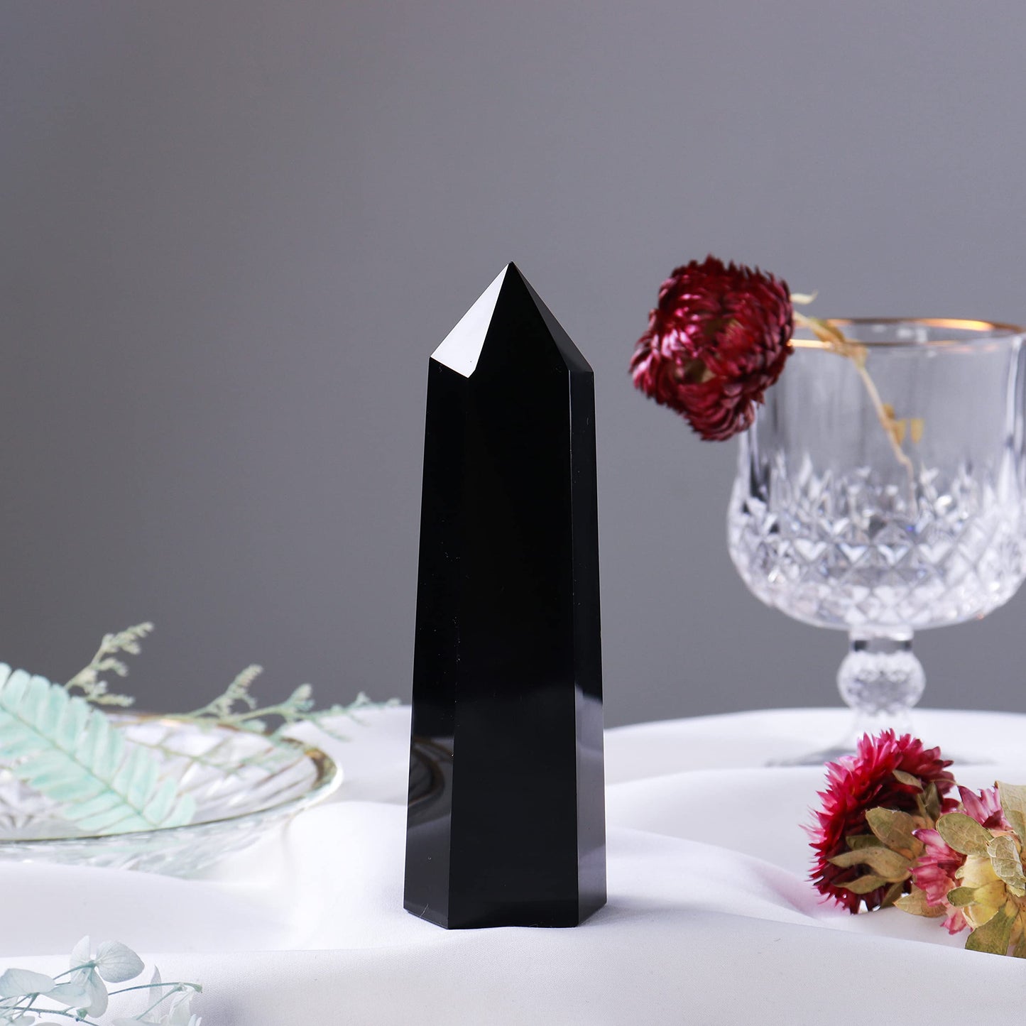 Runyangshi Large Black Obsidian Healing Crystal Wand 4.72"-5" Crystal Tower 6 Faceted Single Point Crystal Prism Wand Natural Quartz Stones for Meditation Reiki Chakra Therapy Home Decor Gift