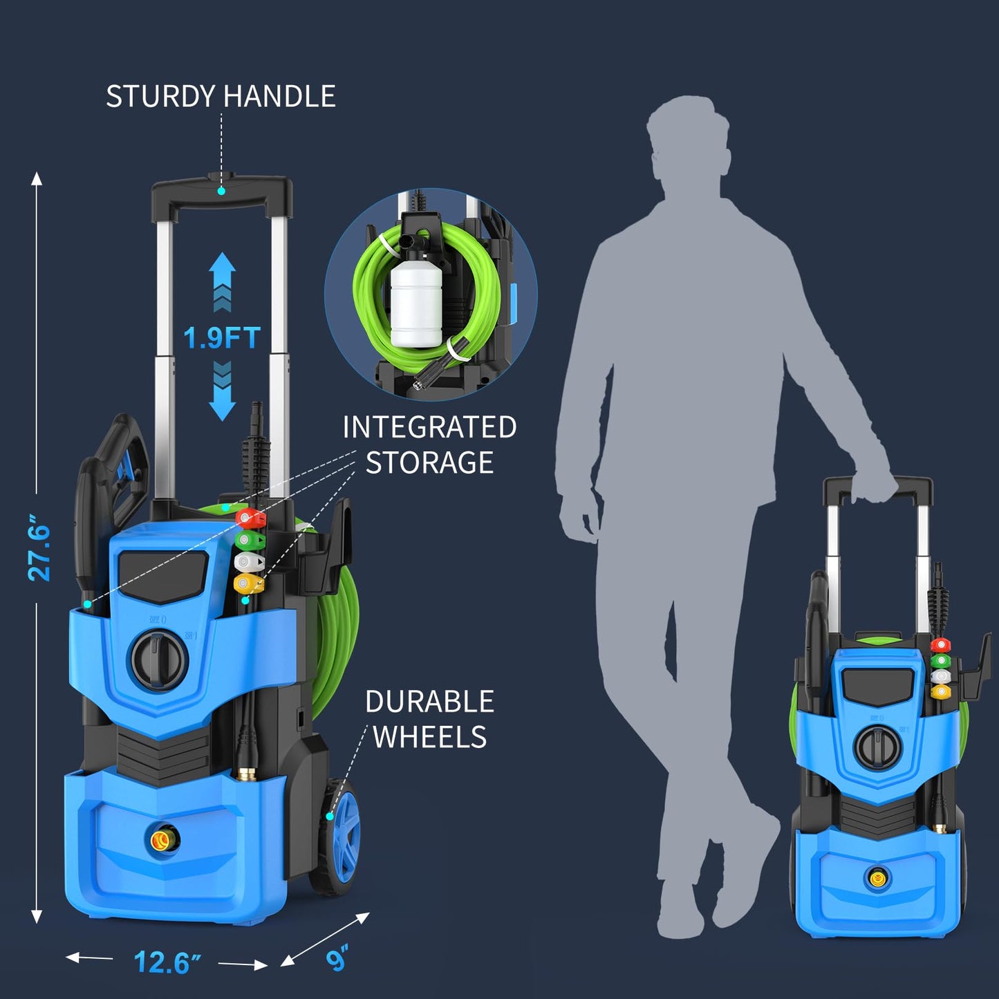Commowner Pressure Washer 5000PSI Adjustable Pressure Power Washers Powered with 33ft Hose, 4 Nozzle and Foam Cannon, Powerwashers Cleaner Machine for Home, Cars, Blue