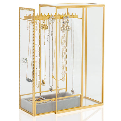 Glass Necklace Organizer Holder, Jewelry Organizer Necklace Holder with Hanging Hooks, Glass Necklaces Display Case for Storage Rings Earrings