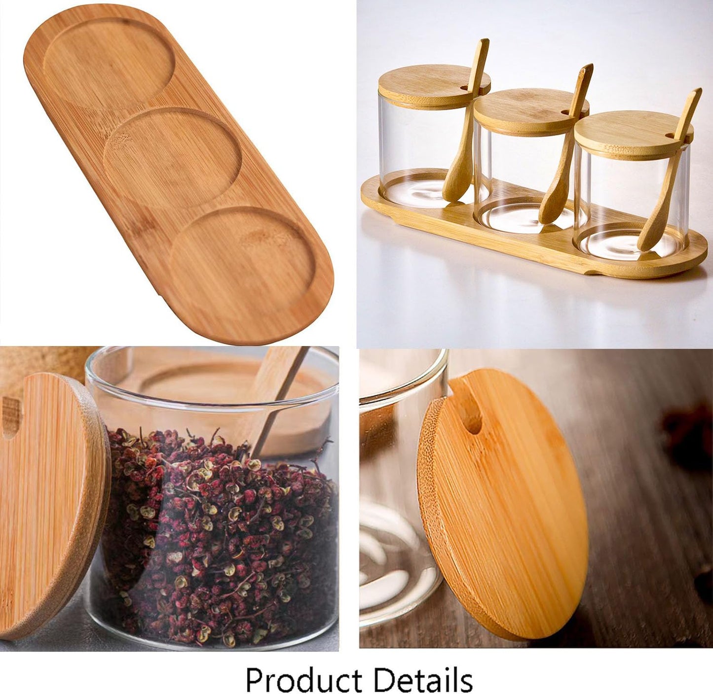 Stylish Glass Canister Set of 3 with Bamboo Lids Tray & Spoons 10 oz Clear Condiment Containers Jars for Coffee Bar, Kitchen Counter Organizer, Decorative Storage for Salt Sugar Coffee Beans Spices