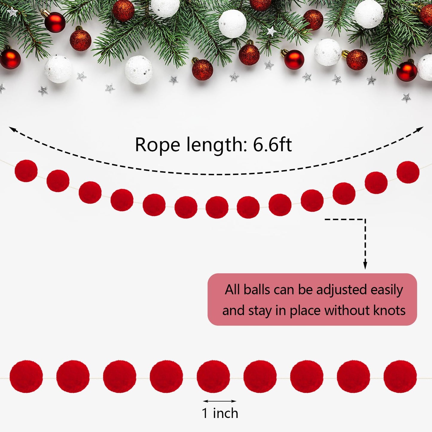 Tegeme 4 Pcs Felt Pom Pom Garland Ball Christmas Tree Decoration Home Hanging Banner Ball Ornaments 6.6ft Winter Pompom Garland for Xmas Holiday Birthday Party Indoor Home Room Decor(Red)