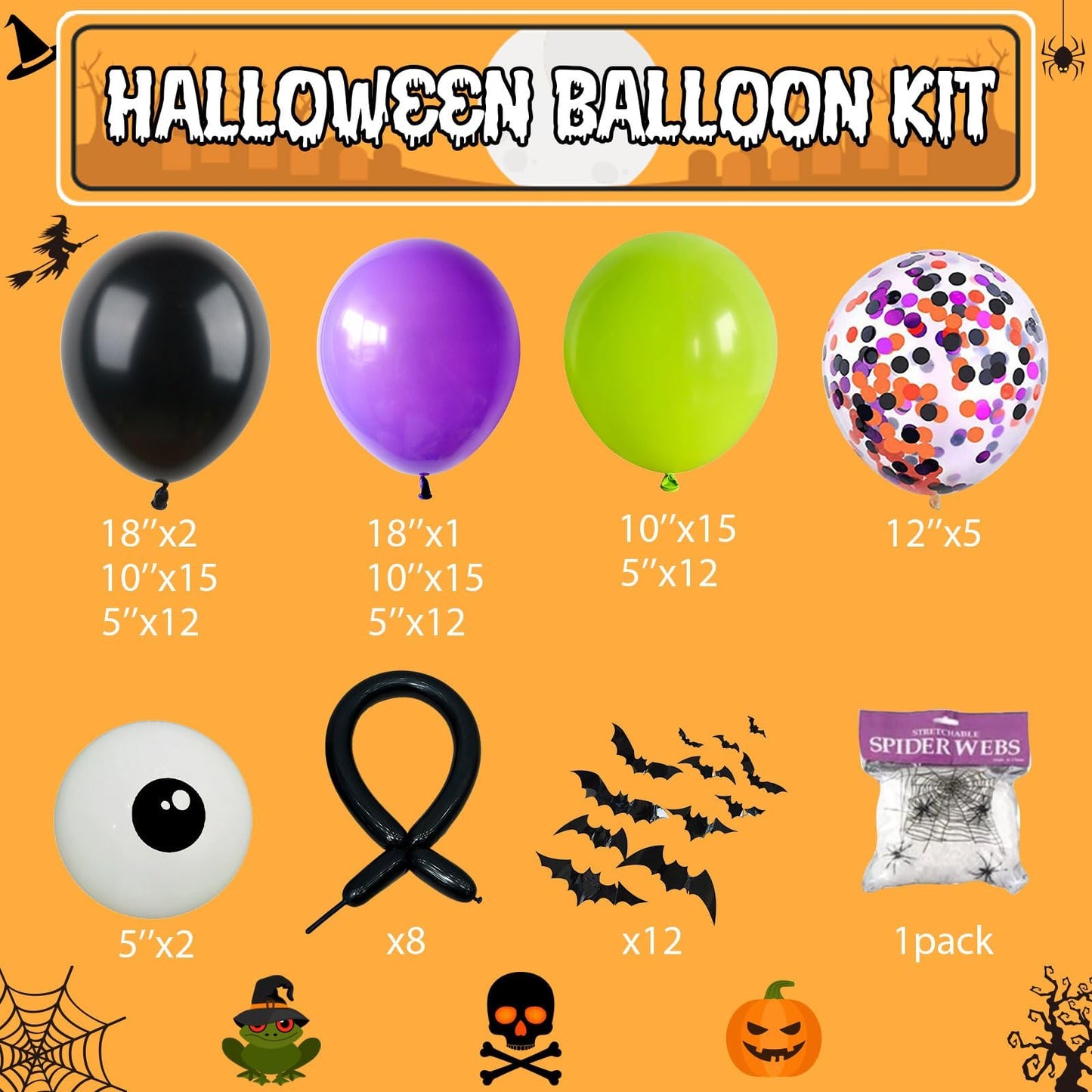 Halloween Balloon Garland Arch Kit with Big Spider DIY Balloons, 131 Pcs Black Orange Lime Green Purple Confetti Latex Balloons Arch with 3D Bats & Spider Web for Halloween Party Decorations Supplies