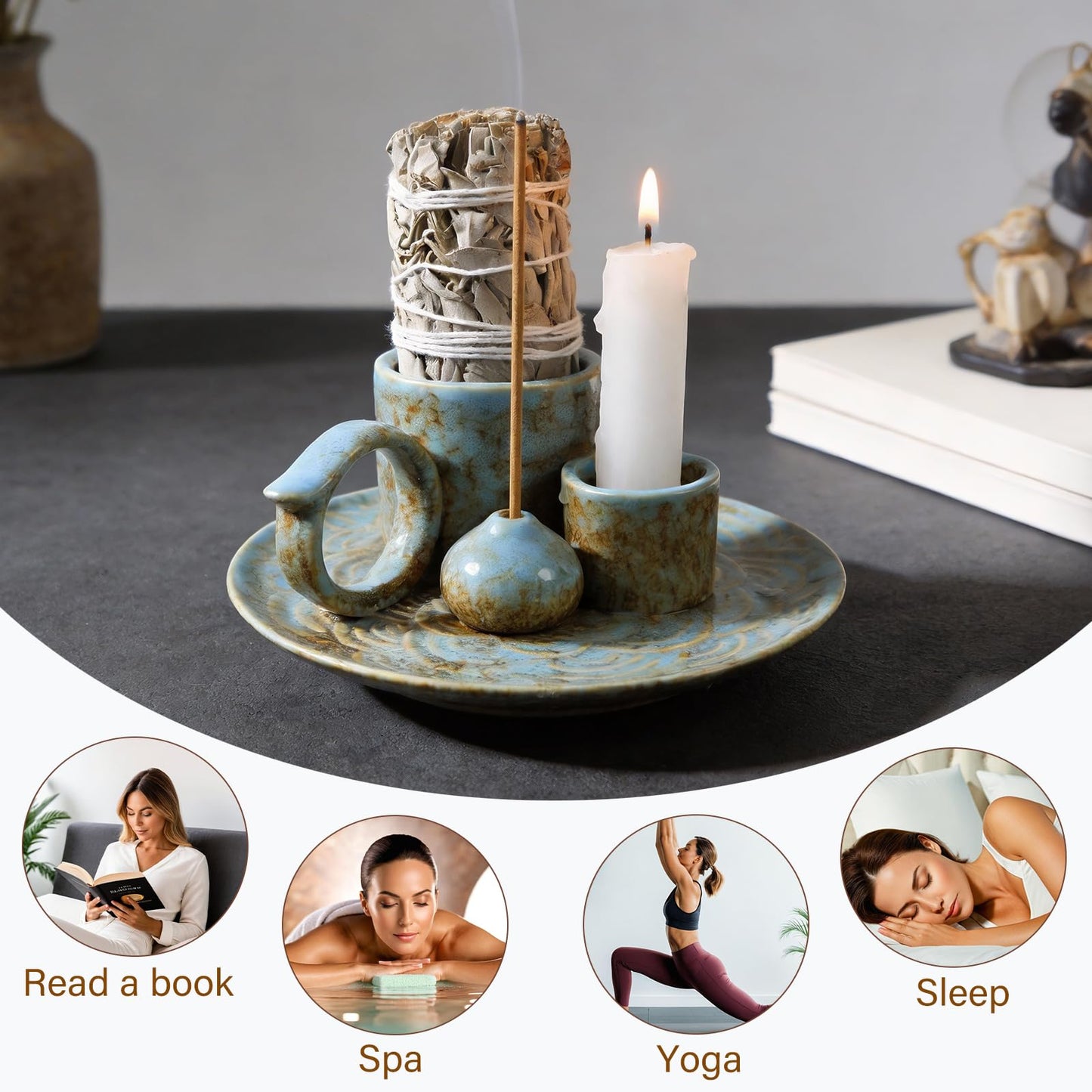 Tnstbiee 4-in-1Blue Ceramic Palo Santo Burner Holder - Small Incense Burner & Smudge Tray Bowl for Incense Sticks/Cones & Sage - Ideal for Meditation Rooms,Zen and Aromatic Scents - Matches Compatible