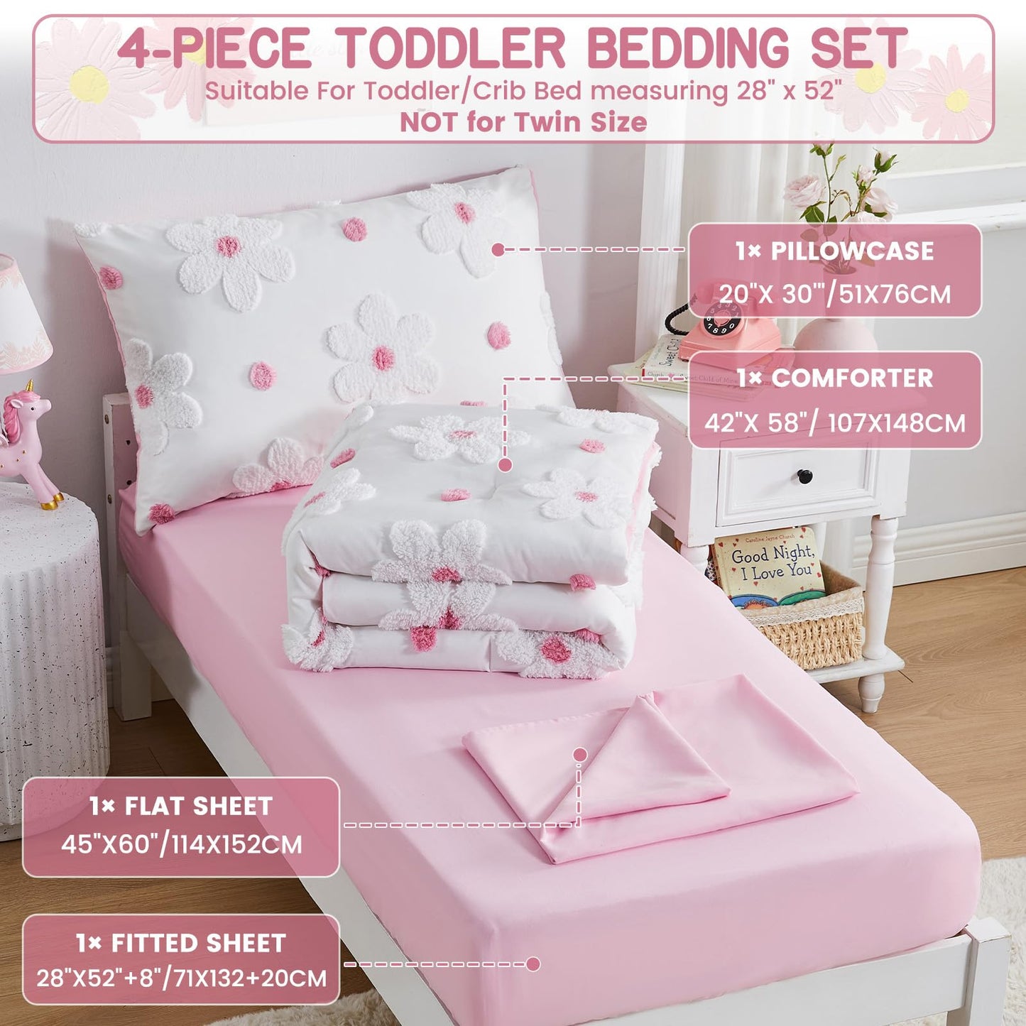 CotComf Toddler Bedding Set for Girls 4-Piece Pink Boho Tufted Daisy Flowers Toddler Comforter Set Bed-in-a-Bag Toddler Sheets Bedroom Set with Toddler Comforter, Flat Sheet, Fitted Sheet, Pillowcase