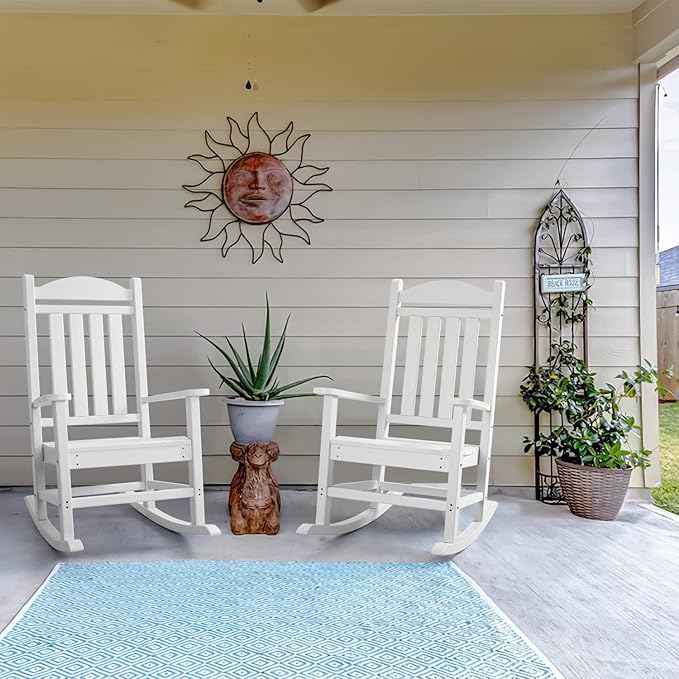 Devoko HDPE Rocking Chair Plastic Outdoor Indoor Patio Rocker Chair High Back All Weather Rocker for Patio Backyard Porch Garden (White)
