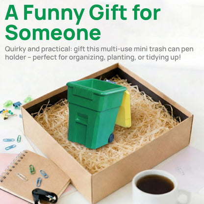 ini Trash Can Pen Holder with Lid - 3-in-1 Desk Organizer Pencil Cup Small Plant Pot with Drainage Desktop Trash Bin for Office Plants and Gifts Green