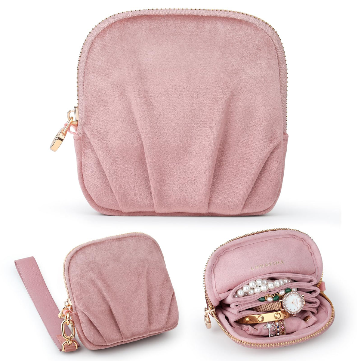 Lumayina Velvet Travel Jewelry Pouch, 2-in-1 Clamshell Case with Detachable Insert, Portable Travel Jewelry Organizer with Wrist Strap, Converts to Mini Coin Purse, Gift for Women & Girls (Dusty Pink)