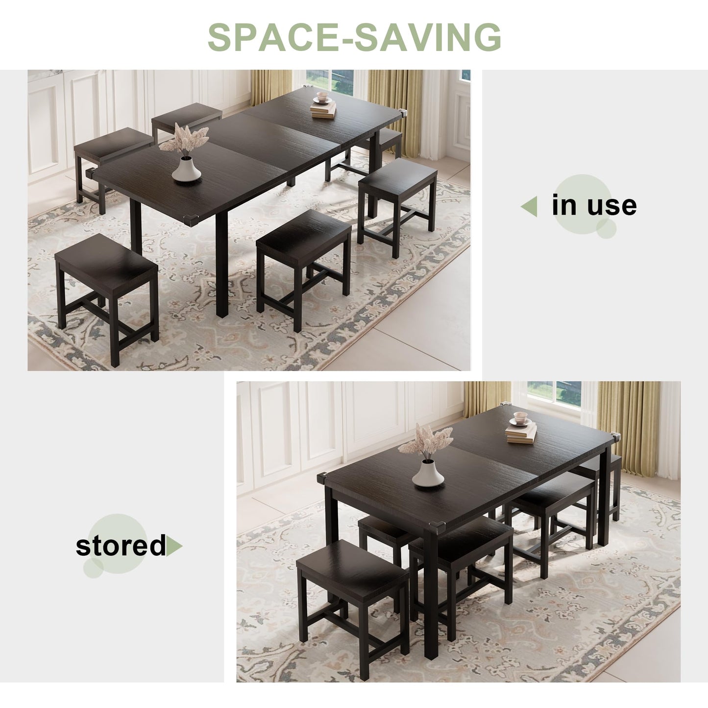 Feonase 7-Piece Dining Table Set for 4-8, 63" Large Extendable Kitchen Table Set with 6 Stools, Modern Dining Room Table with Heavy-Duty Frame, Easy Assembly, Gray