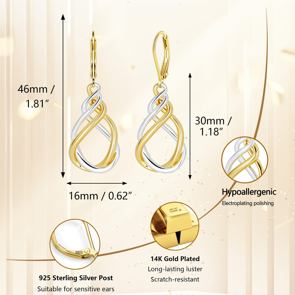 Two Tone Twisted Drop Earrings for Women, 14K Gold and Silver Plated Leverback Dangle Earrings, Hypoallergenic Mixed Metal Teardrop Earring Trendy for Women Jewelry Gifts