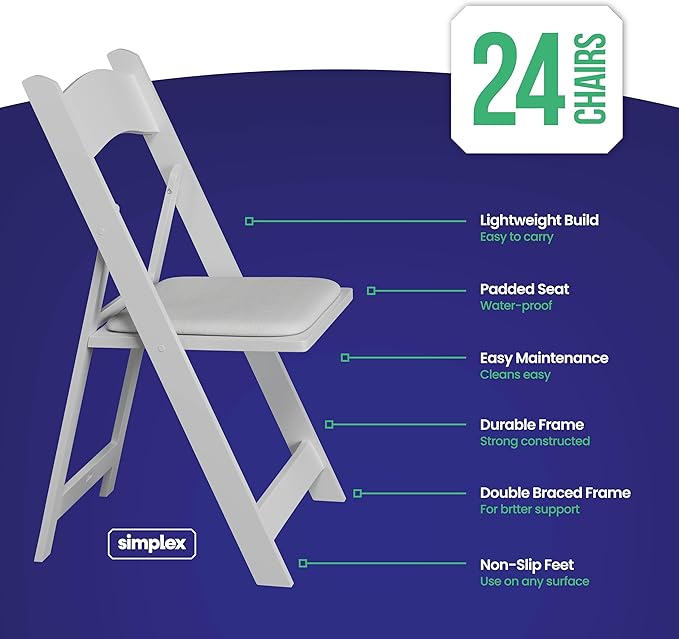 Simplex Furniture Modern White Resin Foldable Chair - 24 Pack, Stackable, Lightweight, Indoor/Outdoor, Rental Grade - Folding Chairs with Padded Seats