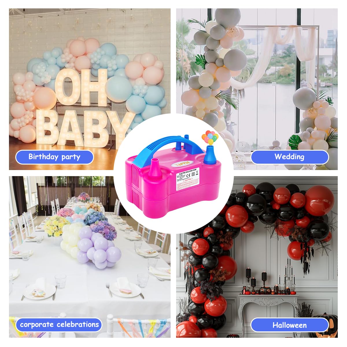 YEPVIE Electric Balloon Pump UK, Portable 2 Modes Balloon Inflator with 6 Balloon Arch Kits, Electric Air Pump for Balloons, Professional Electric Balloon Blower Machine for Birthday Party Decoration
